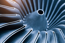 Steel Blades Of Turbine Propeller 3D Printing. Close-up View. In B/W. Selected Focus On Foreground