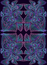 Eleagant Vintage Psychedelic Trippy Colorful Mandala Pattern. Gradient Neon Outline Violet, Pink, Blue Colors, Isoladen On Black Background.