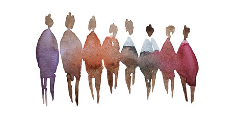 Watercolor silhouette of people, human figures, man, woman, drawn in different colors, isolated design elements on white background