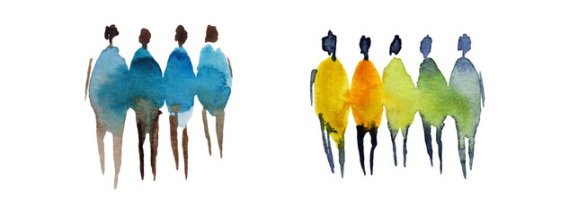 Watercolor silhouette of people, human figures, man, woman, drawn in different colors, isolated design elements on white background