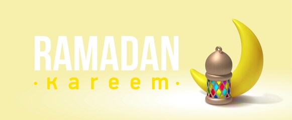 Ramadan Kareem horizontal yellow banner, template header for website. Realistic 3d cartoon cute design bronze fanous. Traditional religious symbol crescent, gold lanterns fanoos. Arabic Ramadan Kareem