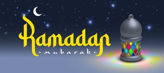 Wall Mural - Ramadan Kareem holiday Realistic 3d cartoon cute design. Celebrate Ramadhan Holy month in Islam. Background crescent with lantern and night starry sky. Arabic calligraphy Ramadan Kareem Festive banner