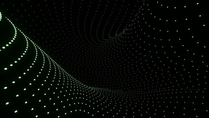 Poster - 3D space with curving flow of dots. Design. Futuristic space with curving lines in flow. Dotted lines move in geometric curves on black background
