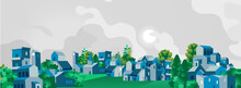 Skyline Of A Suburban Town Emerged In Green.  Vector Illustration
