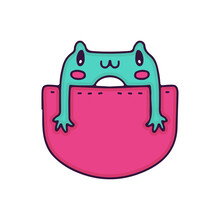 Cute Frog Inside A Pocket, Illustration For T-shirt, Street Wear, Sticker, Or Apparel Merchandise. With Doodle, Retro, And Cartoon Style.