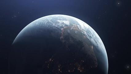 Poster - 3D model of rotating planet. Motion. Naturalistic animation of rapidly rotating planet in space. Rotating planet on background of space with stars. Astronomy and Astrology