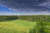 Fototapeta  - Pola i łąki wiosną widziane z dużej wysokości. Zdjęcie z drona.
Rozległy, płaski teren pokryty zielonymi polami uprawnymi i łąkami. Widać polną drogę, kępy drzew, oraz na obrzeżach iglasty las. Widok