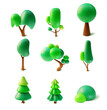 3d Different Green Trees and Bushes Set Plasticine Cartoon Style. Vector illustration of Plastic Tree and Bush for Garden or Park