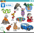 letter v words educational set with cartoon characters