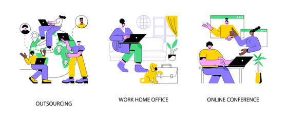 Poster - distance working abstract concept vector illustration set. outsourcing, work home office, online con