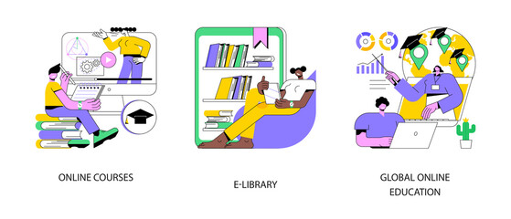 Fototapete - e-learning tools abstract concept vector illustration set. online courses, e-library, global online 