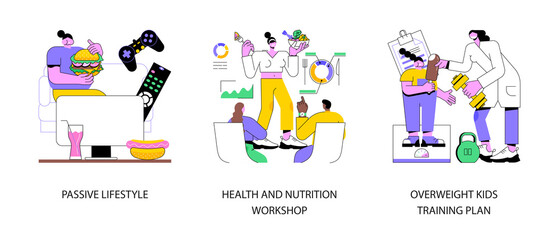 Poster - Break unhealthy habits abstract concept vector illustration set. Passive lifestyle, health and nutrition workshop, overweight kids training plan, child obesity, junk food, workout abstract metaphor.