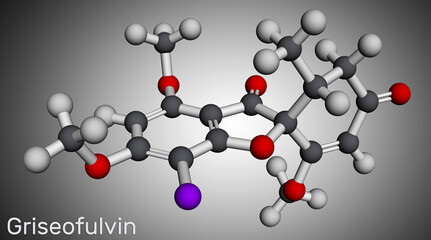 Sticker - Griseofulvin molecule. It is antifungal antibiotic, used for treatment of fungal infections. Molecular model.