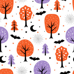 Wall Mural - Seamless pattern of a fabulous scary abstract forest for Halloween. Bats, cobwebs, the night moon. Vector graphics.