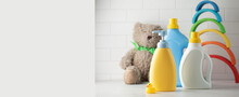 Children Liquid Soap And Laundry Gel Blank Bottles With Toys In Bathroom