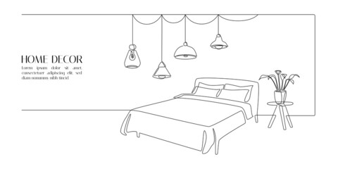 Aufkleber - Continuous one line drawing of bed and table with plant and loft hanging lamps. Scandinavian furniture for cozy bedroom in simple linear style. Editable stroke. vector illustration