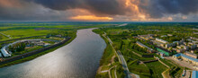 Beautiful Aerial Panoramic View Shot Of Daugavpils City And River Daugava On A Beautiful Summer Day In Latgale, Latvia