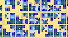 Animated 2d Background Of Multi Colored Cubes And Squares. Motion. Blue Retro Blinking Mosaic On A Beige Background.