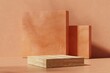 Minimalist wood pedestal or podium for product showcase orange background. Empty stage. Geometric shapes backdrop. 3d render illustration