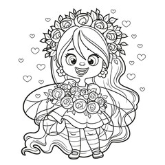 Poster - Cute cartoon little fairy with long hair holding a wreath outlined for coloring on white background