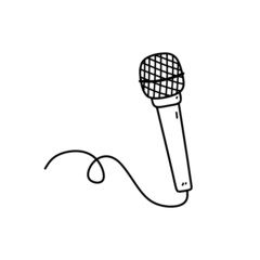 Microphone with wire isolated on white background. Musical item for singing, performances, karaoke. Vector hand-drawn illustration in doodle style. Perfect for cards, decorations, logo.