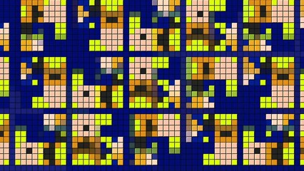 Poster - Retro pattern background with a design of construction game. Motion. Colorful rows of small squares creating geometric shapes.