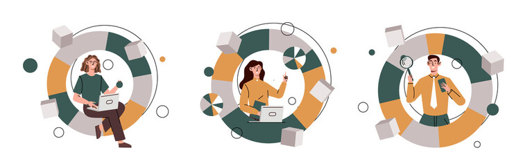 Poster - data gathering concept. employees analyze graphs and charts. work with information and statistics, e