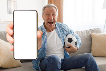 Poster - Overjoyed senior man showing big blank smartphone holding and soccer ball