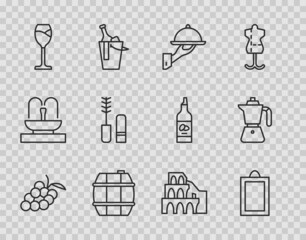 Sticker - Set line Grape fruit, Picture, Covered with tray of food, Barrel for wine, Wine glass, Mascara brush, Coliseum Rome and Coffee moca pot icon. Vector