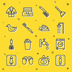 Poster - Set line Male toilet, Washer, Shower, Hairbrush, Toothbrush, Rubber duck, Bathrobe and Electric iron icon. Vector