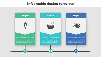 Sticker - Set Magic sword in fire, Witch cauldron and Fireball. Business infographic template. Vector