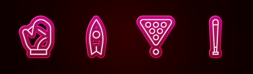 Sticker - Set line Baseball glove, Surfboard, Billiard balls in rack triangle and bat. Glowing neon icon. Vector