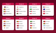 Flags Of The Countries Participating In The 2022 World Cup Championship In Qatar By Groups And Baskets. Spanish