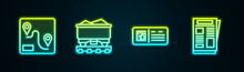 Set Line Route Location, Coal Train Wagon, QR Code Ticket And News. Glowing Neon Icon. Vector