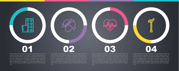 Sticker - Set line Pills in blister pack, Medicine pill or tablet, Heart rate and Walking stick cane. Business infographic template. Vector