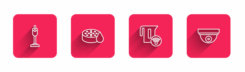 Poster - set line vacuum cleaner, water sensor, smart electric kettle and motion with long shadow. red square