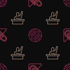 Sticker - Set line Paper clip, Male kid raising hand and Basketball ball on seamless pattern. Vector