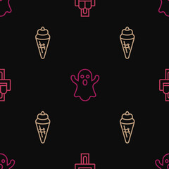 Sticker - Set line Attraction carousel, Ice cream in waffle cone and Ghost on seamless pattern. Vector