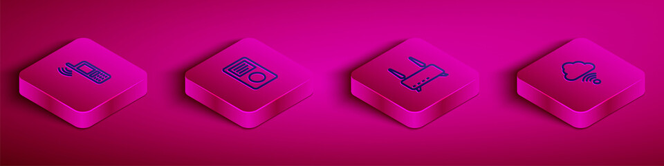 Poster - set isometric line mobile with wi-fi wireless, music player, router and signal and network cloud con