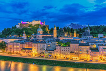 Salzburg Austria, Night City Skyline Of Salzburg City And Fortress Hohensalzburg