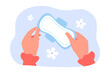 Clean sanitary pad in female hands flat vector illustration. Feminine menstrual pad. Hygiene, menstrual period, menstruation, protection concept for banner, website design or landing web page