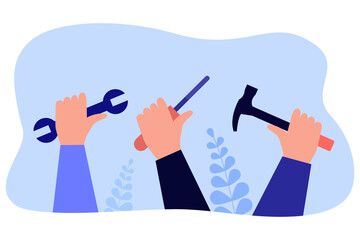 Poster - Hammer, screwdriver, wrench in hands flat vector illustration. Construction or repair tools in hands. Occupation, renovation, maintenance concept for banner, website design or landing web page