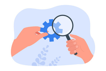 Poster - Man looking at gear wheel through magnifier. Person conducting research flat vector illustration. Business analysis, study, mechanism concept for banner, website design or landing web page