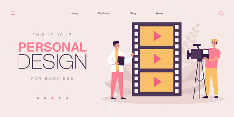 Professional operator recording interview, speech of journalist. Man with camera and filmstrip flat vector illustration. Video production concept for banner, website design or landing web page