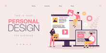 Team Of Workers Creating Website And Adding Pictures And Music. Tiny Content Creators Flat Vector Illustration. Marketing, Social Media, Teamwork Concept For Banner, Website Design Or Landing Web Page