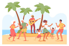 Old And Young People Dancing On Beach To Man Playing Guitar. Elderly Couple And Family At Reggae Party Flat Vector Illustration. Music, Entertainment, Jamaica, Summer, Vacation Concept For Banner