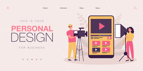 Tiny videographers recording video with mobile app. People using editor on smartphone screen flat vector illustration. Record software, player concept for banner, website design or landing web page