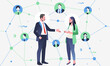 © yisar - Businessman standing discuss global network communication bubble teamwork connection concept avatar mixed race man woman