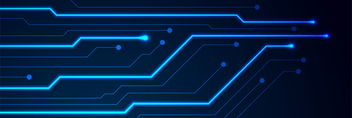 Glowing blue neon circuit board lines abstract banner design. Technology vector background