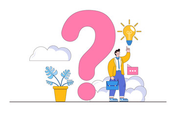 Poster - Question or problem-solving, think about answer or solution, contemplation, doubt, or concentration, Frequently Asked Questions (FAQ) concepts. Confused businessman standing near big question mark